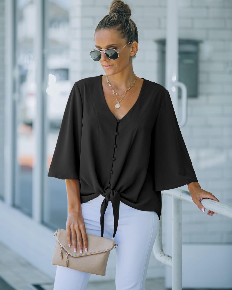 luvamia Women's V Neck Tops Ruffle 3/4 Sleeve Tie Knot Blouses Button Down Shirts, Black Button Down Size S - Image 3